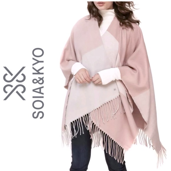NWT Soia & Kyo light pink colourblock shawl/cape with fringe detail - Picture 1 of 11